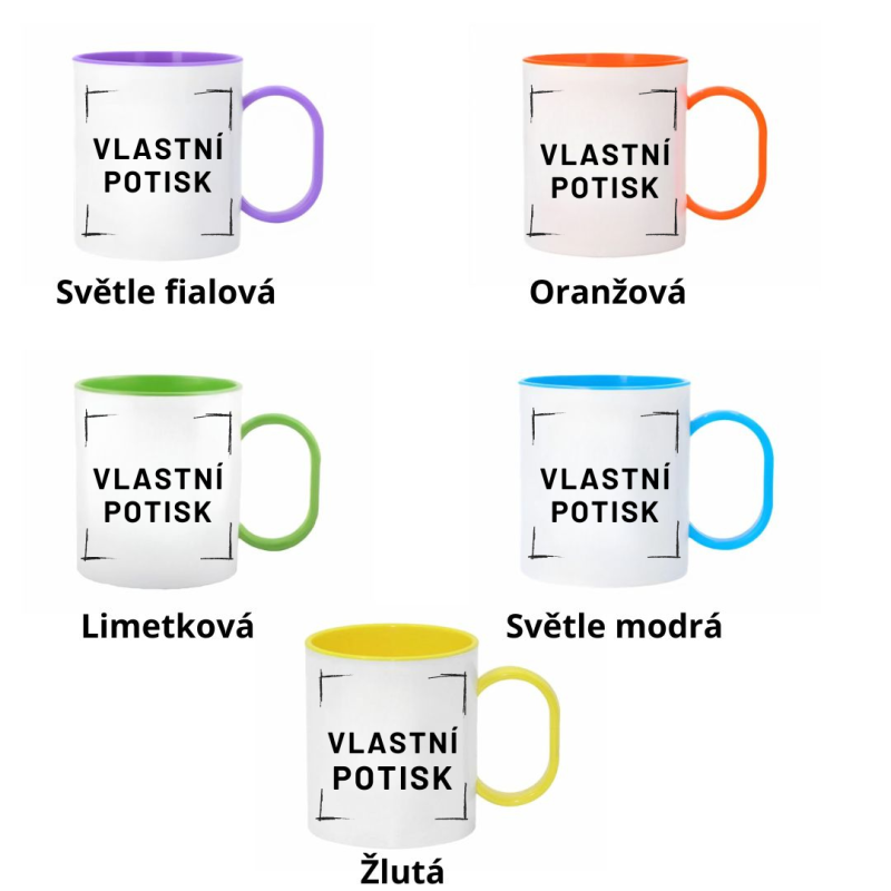 Plastový hrnek s vlastním potiskem s barevným vnitřkem a uchem